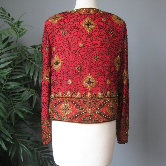 Beaded Jacket / Vtg 90s / Papell Boutique Evening Jacket red gold beaded - Picture 4 of 7